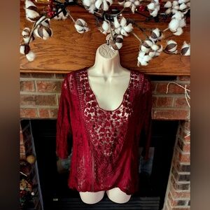 Elegant Lace Burgundy Semi Sheer Top Size Medium